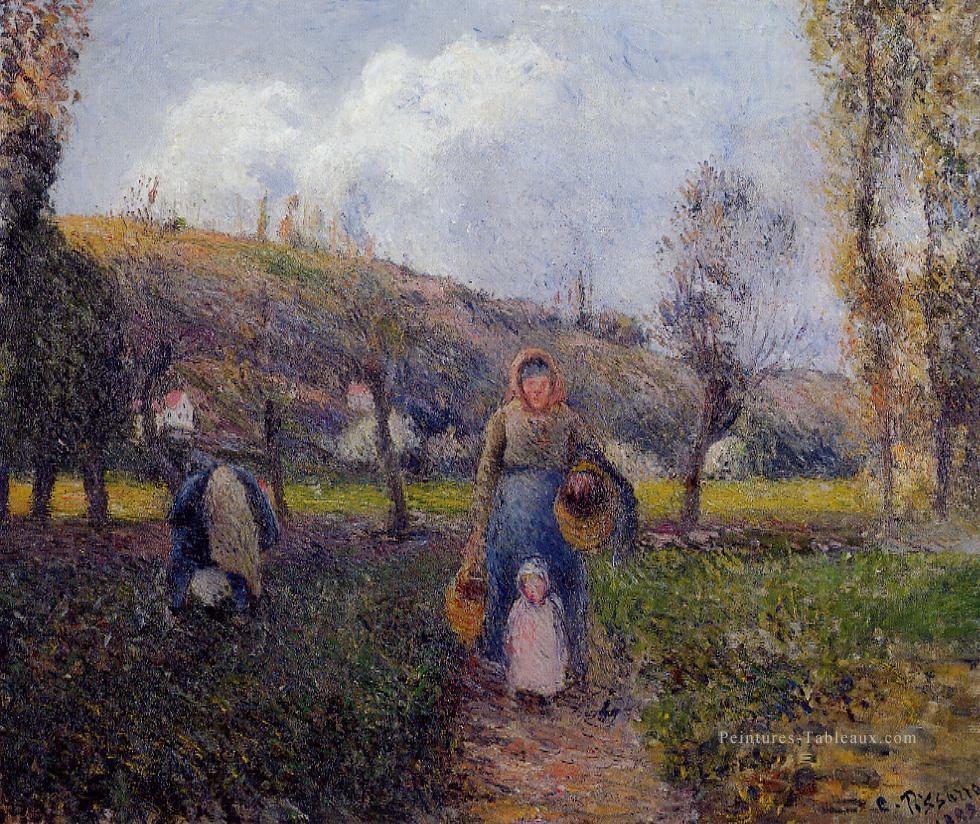 paysanne et enfant récoltant les champs pontoise 1882 Camille Pissarro Peintures à l'huile